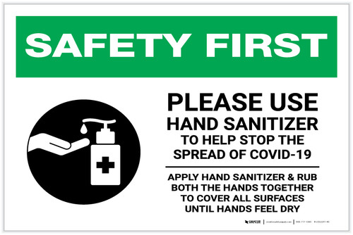 Safety First: Please Use Hand Sanitizer - Apply Hand Sanitizer and Rub Hands with Icon Landscape - Label