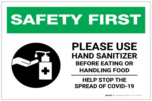 Safety First: Please Use Hand Sanitizer - Before Eating or Handling Food with Icon Landscape - Label