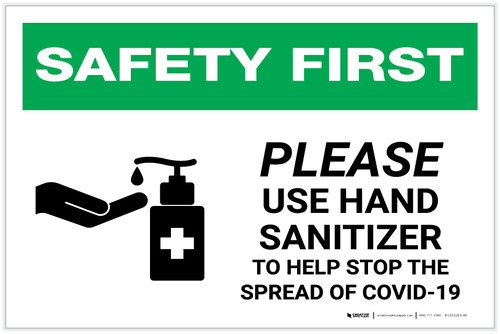 Safety First: Please Use Hand Sanitizer - Stop COVID-19 with Icon Landscape - Label