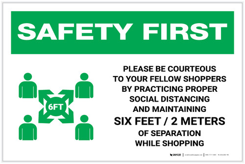 Safety First: Please Be Courteous Social Distancing with Icon Landscape - Label