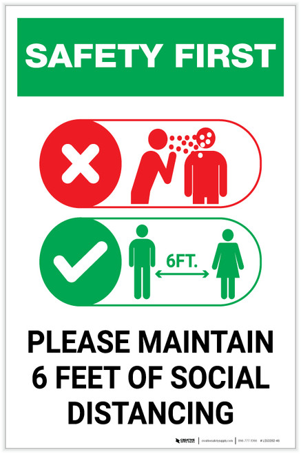 Safety First: Please Maintain 6 Feet of Social Distancing with Icons Portrait - Label