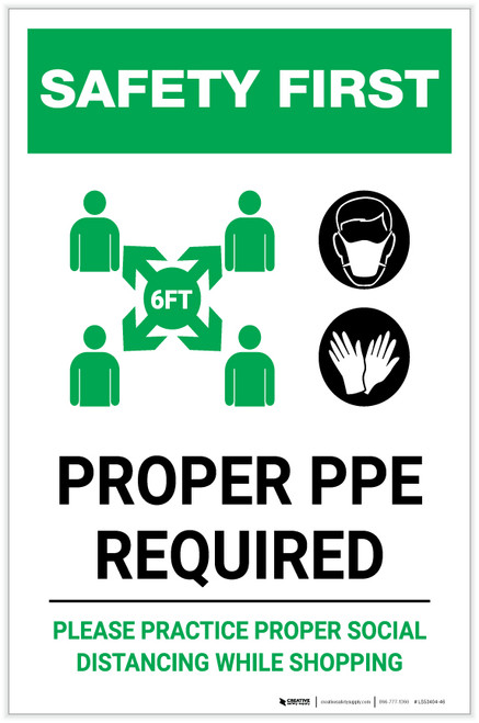 Safety First: Proper PPE Required Maintain Social Distance with Icons Portrait - Label