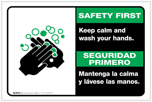 Safety First: Keep Calm and Wash Your Hands Bilingual Spanish with Icon Landscape - Label