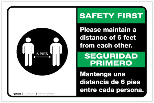 Safety First: Please Maintain A Distance Of 6 Feet Bilingual Spanish with Icon Landscape - Label