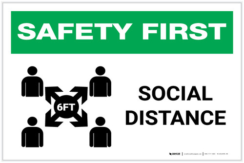 Safety First: Social Distance 6 Ft with Icon Landscape - Label