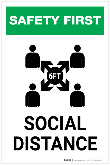 Safety First: Social Distance 6 Ft with Icon Portrait - Label