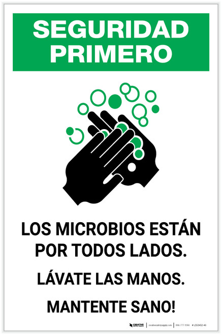 Safety First: Stay Healthy Wash Your Hands Spanish with Icon Portrait - Label