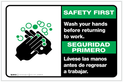 Safety First: Wash Hands Before Returning To Work Bilingual Spanish with Icon Landscape - Label