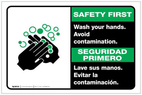 Safety First: Wash Your Hands Avoid Contamination Bilingual Spanish with Icon Landscape - Label