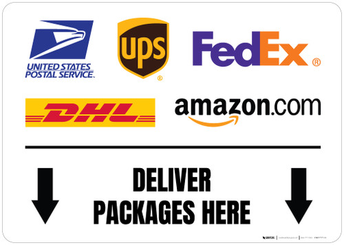 Deliver Packages Here Down Arrows with Logos Landscape - Floor Sign
