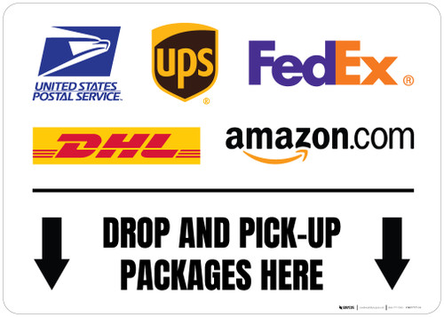 Drop And Pick Up Packages Here Down Arrows With Logos Landscape Floor Sign