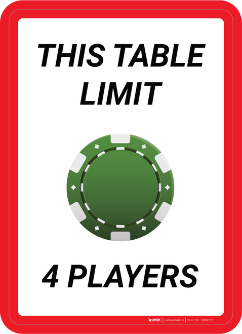 This Table Limit 4 Players Portrait with Poker Chip Emoji - Wall Sign