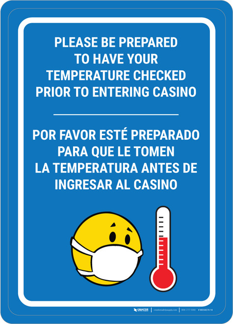 Temperature Check Prior to Entering Casino Bilingual Spanish Portrait with Emoji - Wall Sign