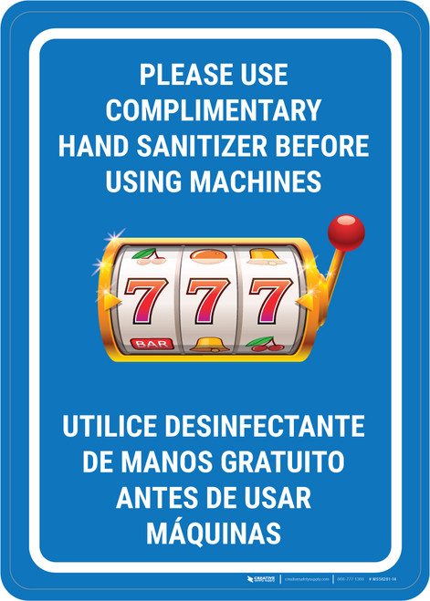 Please Use Complimentary Hand Sanitizer Before Using Machines Bilingual Spanish Portrait with Emoji - Wall Sign