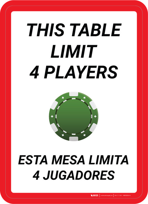 This Table Limit 4 Players Bilingual Spanish Portrait with Poker Chip Emoji - Wall Sign