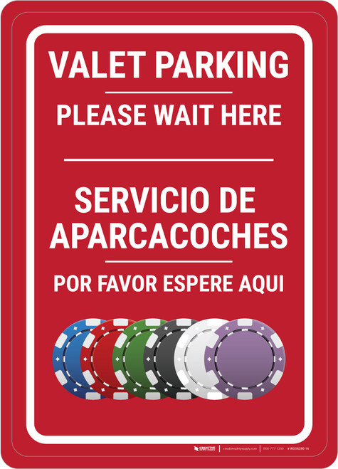 Casino Valet Parking - Please Wait Here Bilingual Spanish Portrait with Emoji - Wall Sign