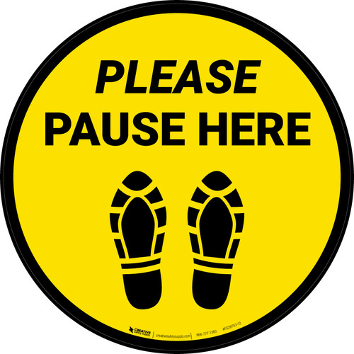 Please Pause Here Shoe Prints Yellow Circular - Floor Sign