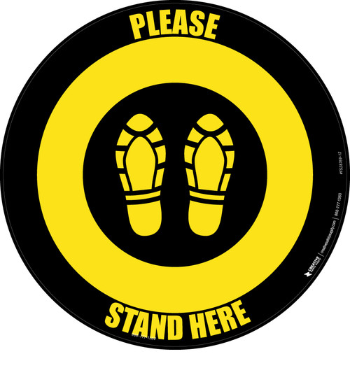 Please Stand Here Shoe Prints Black/Yellow Circular - Floor Sign