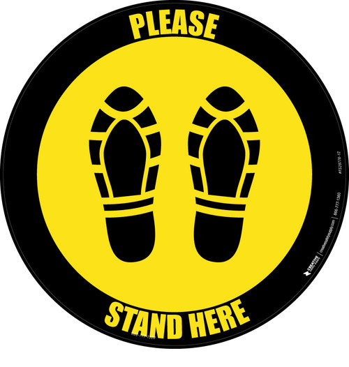 Please Stand Here Shoe Prints Yellow Black Border Circular - Floor Sign