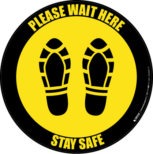 Please Wait Here Stay Safe Shoe Prints Black Border Circular - Floor Sign