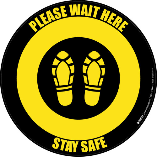 Please Wait Here Stay Safe Shoe Prints Black/Yellow Circular - Floor Sign