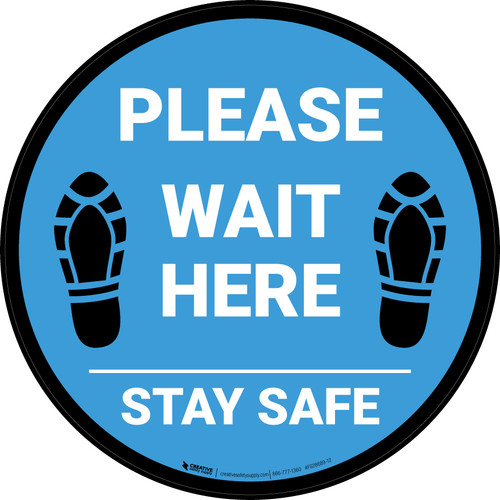 Please Wait Here Stay Safe Shoe Prints Blue Circular - Floor Sign