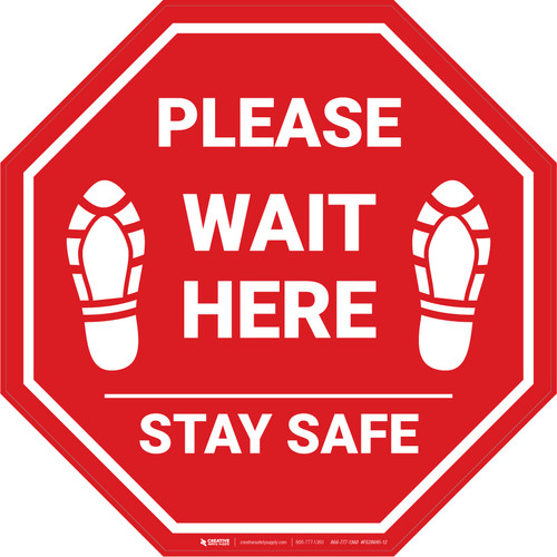 Please Wait Here Stay Safe Shoe Prints Stop - Floor Sign