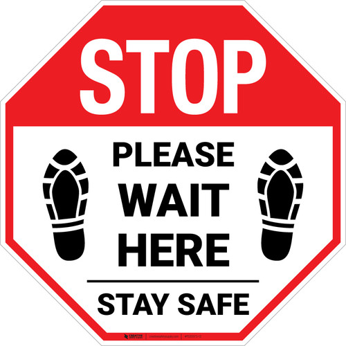 Stop Please Wait Here Stay Safe Shoe Prints Stop - Floor Sign