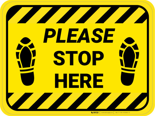 Please Stop Here Shoe Prints Hazard Stripes Rectangle - Floor Sign