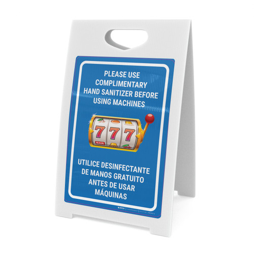 Please Use Complimentary Hand Sanitizer Before Using Machines Bilingual Spanish Portrait with Emoji - A-Frame Sign
