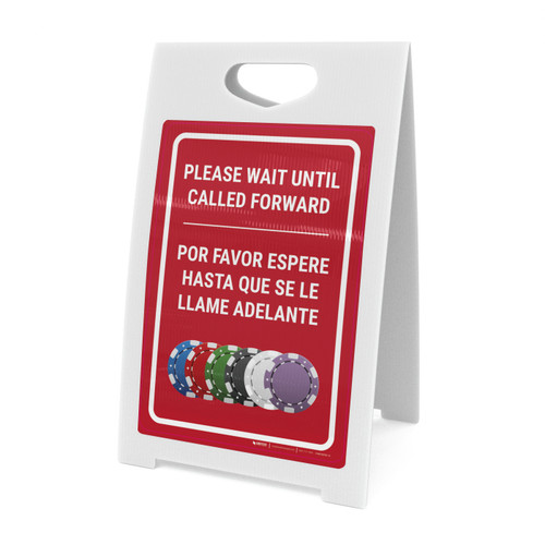 Casino Cage - Please Wait Until Called Forward Bilingual Spanish Portrait with Emoji - A-Frame Sign