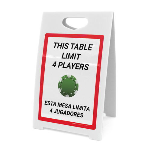This Table Limit 4 Players Bilingual Spanish Portrait with Poker Chip Emoji - A-Frame Sign