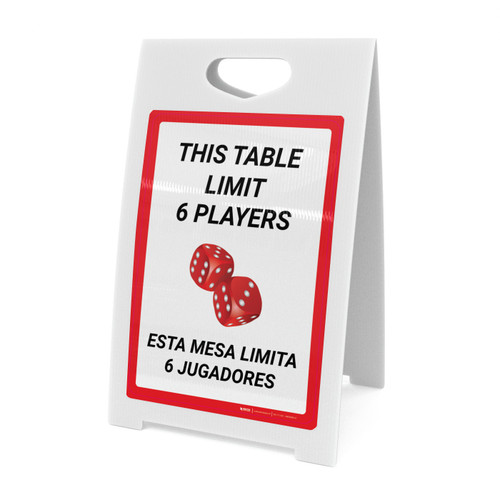This Table Limit 6 Players Bilingual Spanish Portrait with Dice Emoji - A-Frame Sign