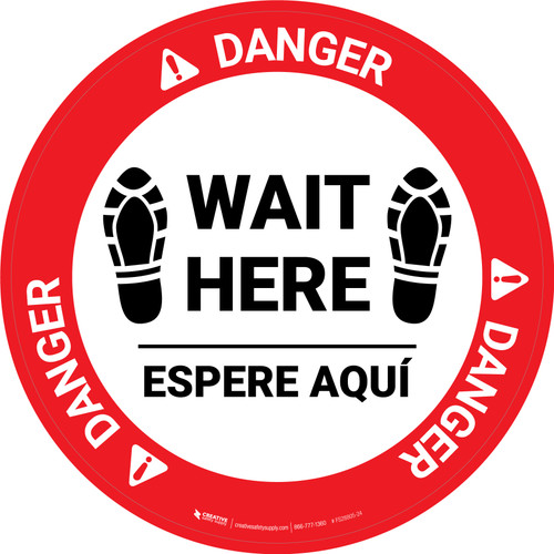 Danger: Wait Here Espere Aqui Shoe Prints Bilingual Spanish Circular - Floor Sign