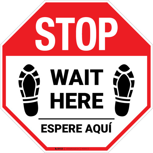 STOP Wait Here Espere Aqui Shoe Prints Bilingual Spanish Stop - Floor Sign