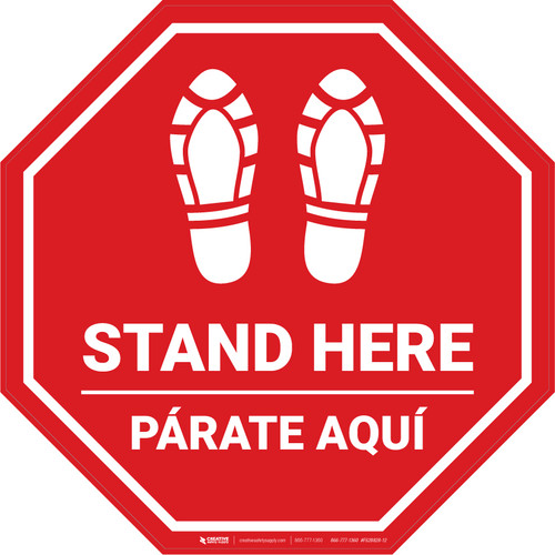 Stand Here Parate Aqui Shoe Prints Bilingual Spanish Stop - Floor Sign