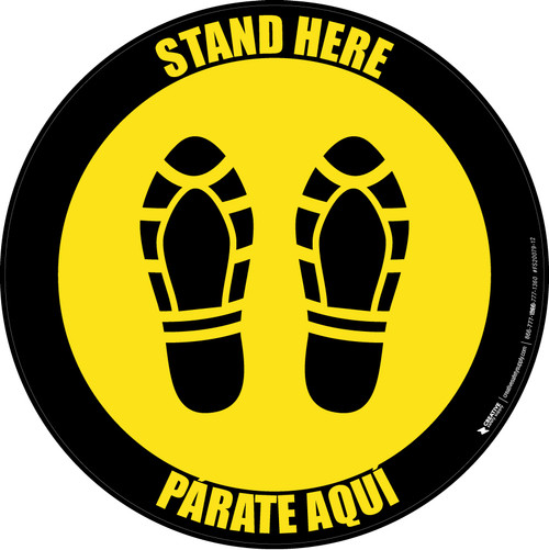 Stand Here Parate Aqui Shoe Prints Bilingual Spanish Yellow Black Border Circular - Floor Sign