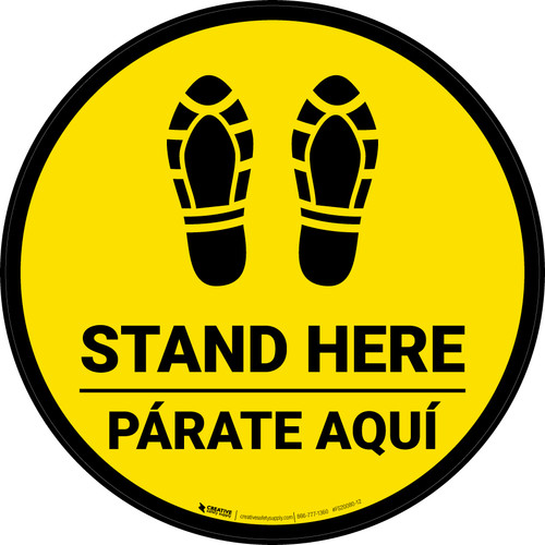 Stand Here Parate Aqui Shoe Prints Bilingual Spanish Black Border Circular - Floor Sign