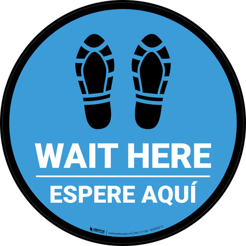 Wait Here Espere Aqui Shoe Prints Bilingual Spanish Blue Circular - Floor Sign