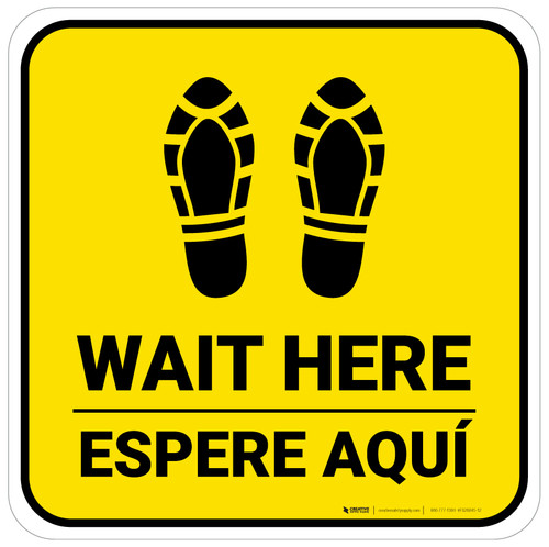 Wait Here Espere Aqui Shoe Prints Bilingual Spanish Yellow Square - Floor Sign