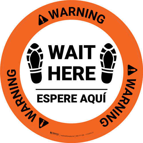 Warning: Wait Here Espere Aqui Shoe Prints Bilingual Spanish Circular - Floor Sign
