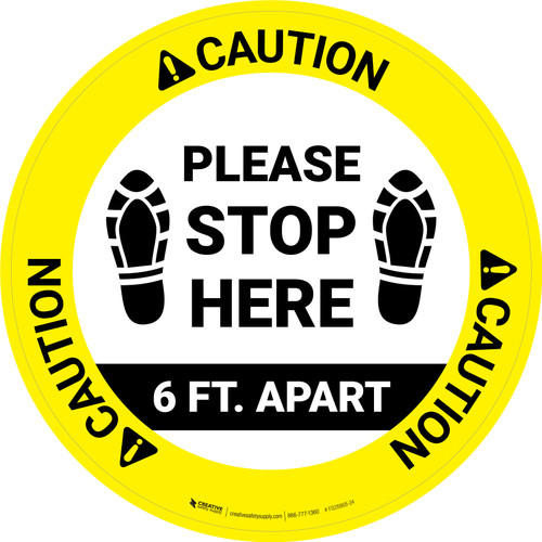 Caution: Please Stop Here 6 Ft Apart Shoe Prints Circular - Floor Sign