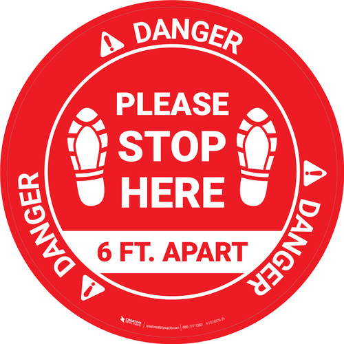 Danger: Please Stop Here 6 Ft Apart Shoe Prints OSHA Circular - Floor Sign