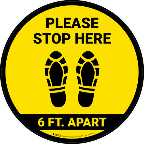 Please Stop Here 6 Ft Apart Shoe Prints Yellow Circular - Floor Sign