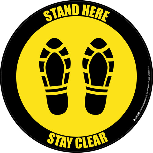 Stand Here Stay Clear Shoe Prints Yellow Black Border Circular - Floor Sign