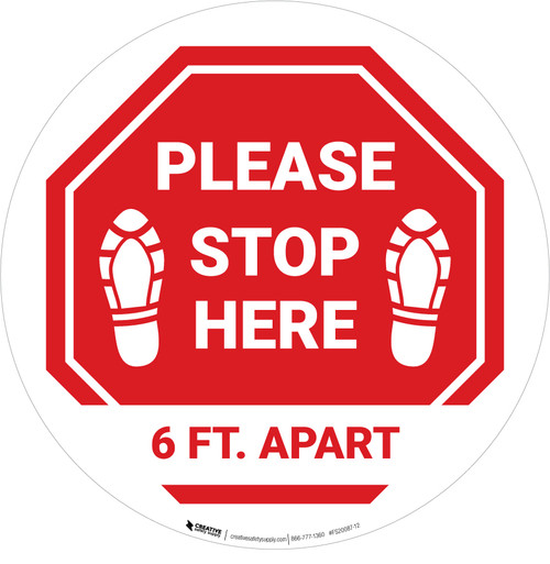 Please Stop Here 6 Ft Apart Shoe Prints Stop Circular - Floor Sign