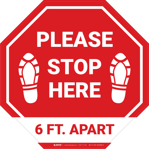 Please Stop Here 6 Ft Apart Shoe Prints Stop - Floor Sign