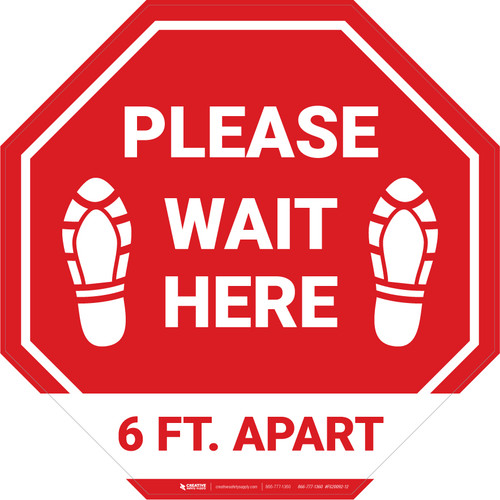 Please Wait Here 6 Ft. Apart Shoe Prints Stop - Floor Sign