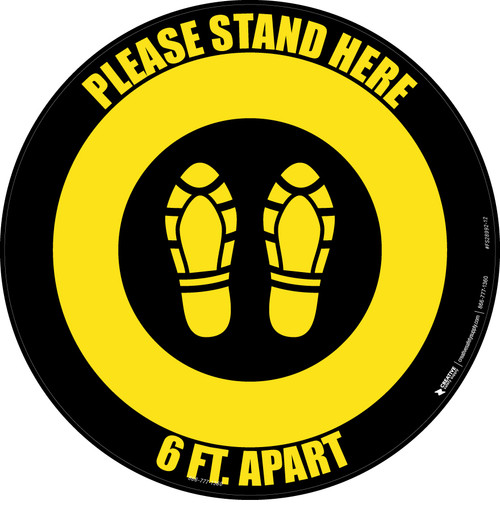 Please Stand Here 6 Ft. Apart Shoe Prints Yellow/Black Circular - Floor Sign