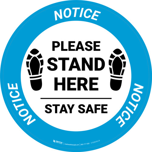 Notice: Please Stand Here Stay Safe Shoe Prints Circular - Floor Sign